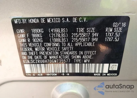 2016 Honda Hr-V Ex-L z USA, uszkodzony, nr VIN 3CZRU6H70GM735577